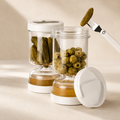 Pickle jar with forks, dry and wet dispenser.