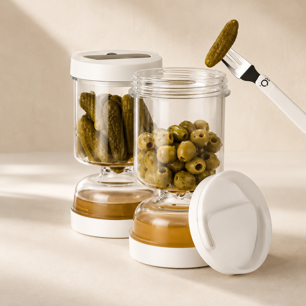 Pickle jar with forks, dry and wet dispenser.