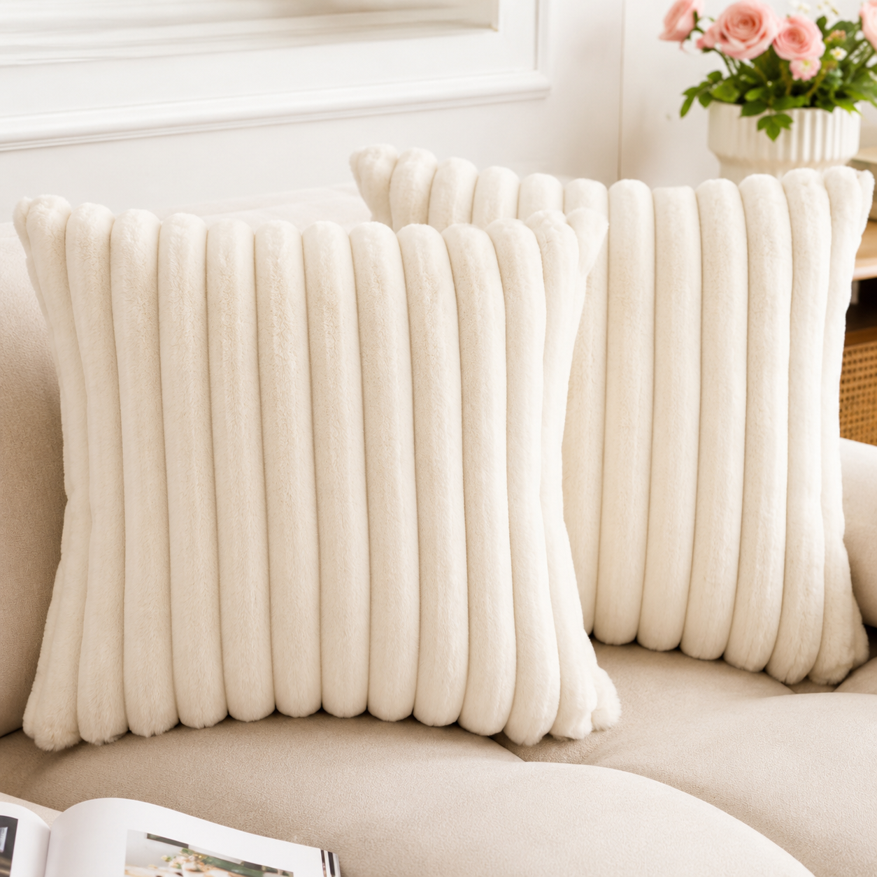 Square faux rabbit fur cushion cover.