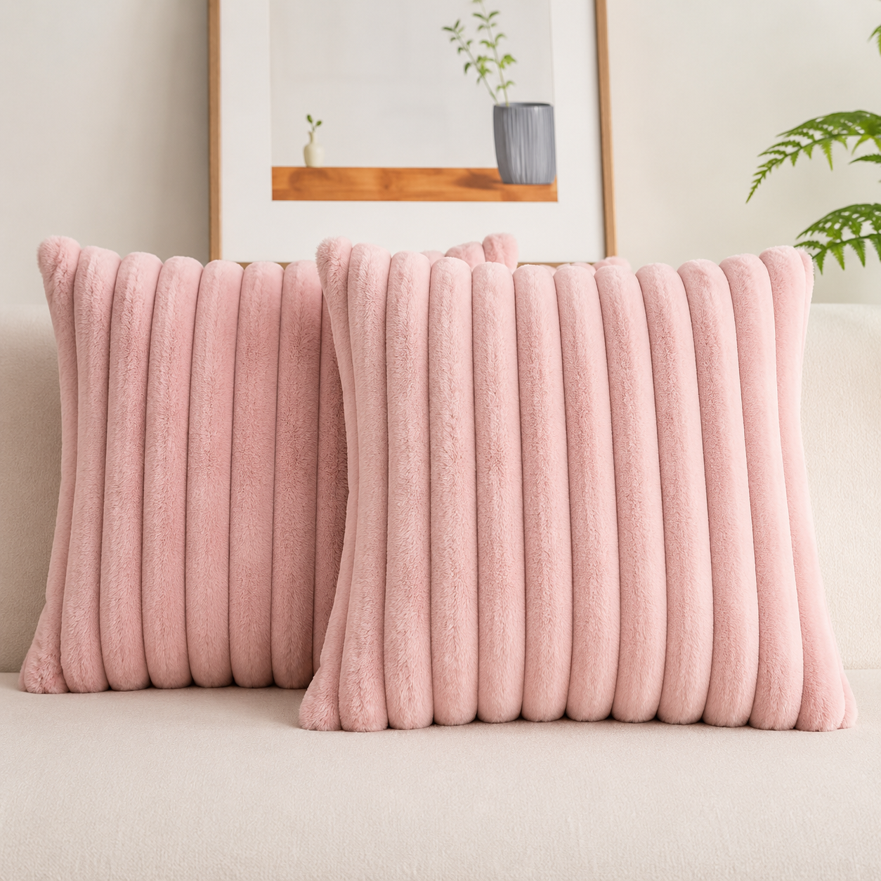 Square faux rabbit fur cushion cover.